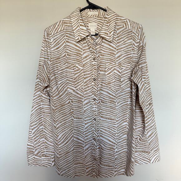 Chico’s Womens Top Size 1 Medium Button Up Animal Print Office Old Money Mature - Picture 1 of 6
